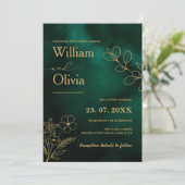 Invitation Mariage botanique vert émeraude et or (Debout devant)