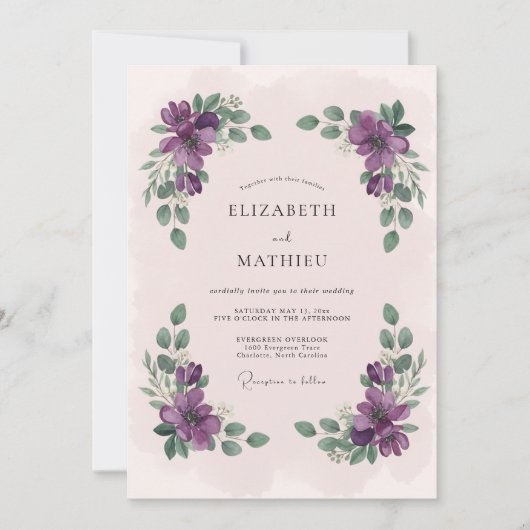 Invitation Mariage Botanique Vert Émeraude et Prune (Devant)