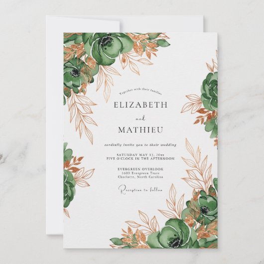 Invitation Mariage Botanique Vert Forêt Lustré (Devant)