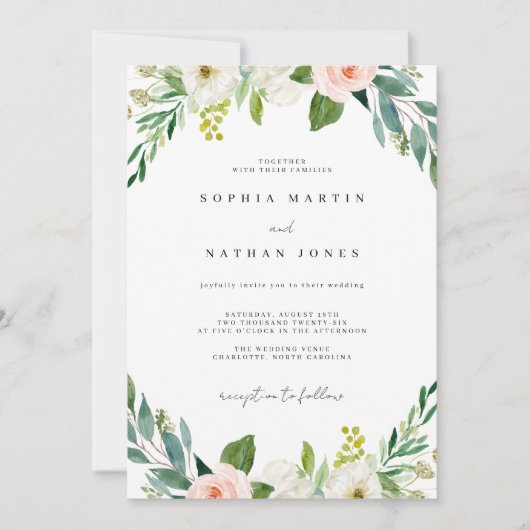 Invitation Mariage botanique vert lavis aquarelle (Devant)