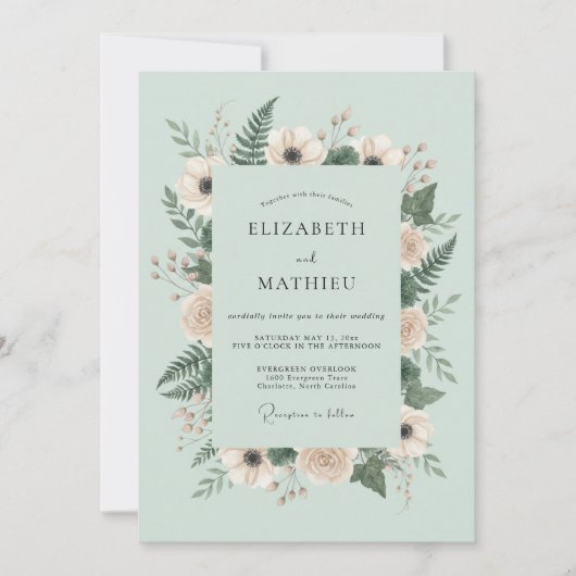 Invitation Mariage botanique vert menthe en forêt (Devant)