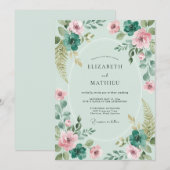 Invitation Mariage Botanique Vert Menthe Enchanté (Devant / Derrière)