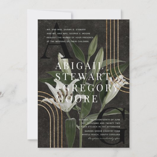 Invitation Mariage botanique vert Moody Black foncé (Devant)