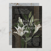 Invitation Mariage botanique vert Moody Black foncé (Devant / Derrière)