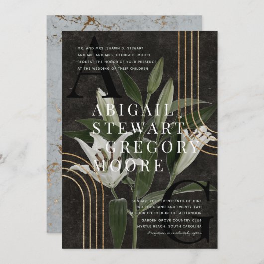 Invitation Mariage botanique vert Moody Black foncé (Devant / Derrière)