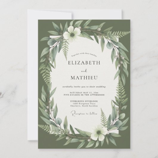 Invitation Mariage Botanique Vert Olive (Devant)