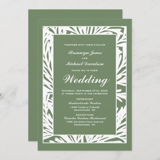 Invitation Mariage botanique vert olive et blanc (Devant / Derrière)