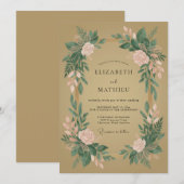 Invitation Mariage Botanique Vert Rosé en Fleur (Devant / Derrière)