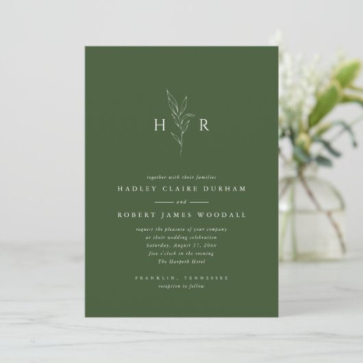 Invitation Mariage botanique vert simple minimal Monogramme (Debout devant)