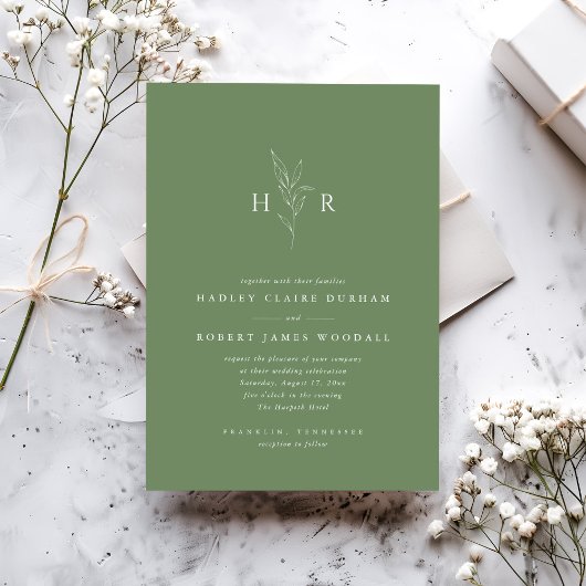 Invitation Mariage botanique vert simple minimal Monogramme