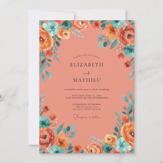 Invitation Mariage Botanique Vibrant Corail (Devant)