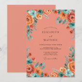 Invitation Mariage Botanique Vibrant Corail (Devant / Derrière)