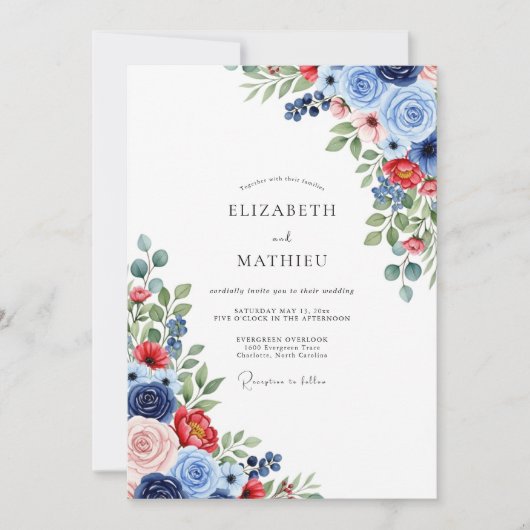 Invitation Mariage Botanique Vibrant Navy Crimson (Devant)