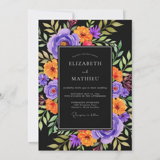 Invitation Mariage Botanique Vibrant Noir (Devant)