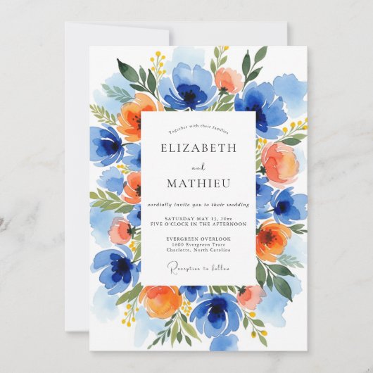 Invitation Mariage Botanique Vibrant Orange Bleu (Devant)