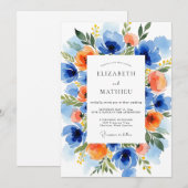 Invitation Mariage Botanique Vibrant Orange Bleu (Devant / Derrière)