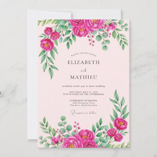 Invitation Mariage Botanique Vibrant Rose Chaud (Devant)