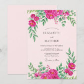 Invitation Mariage Botanique Vibrant Rose Chaud (Devant / Derrière)