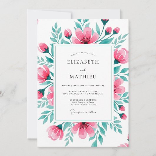 Invitation Mariage botanique vibrant rose sarcelle (Devant)