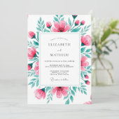 Invitation Mariage botanique vibrant rose sarcelle (Debout devant)