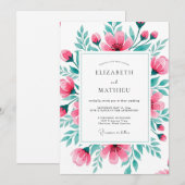 Invitation Mariage botanique vibrant rose sarcelle (Devant / Derrière)