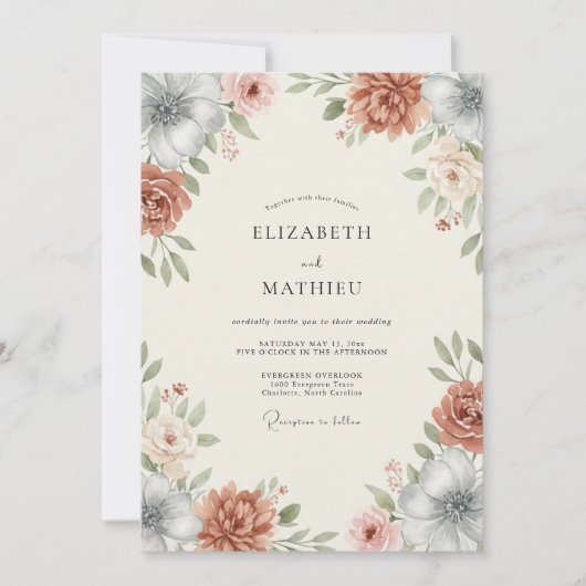 Invitation Mariage Botanique Vintage Orange Brûlé (Devant)