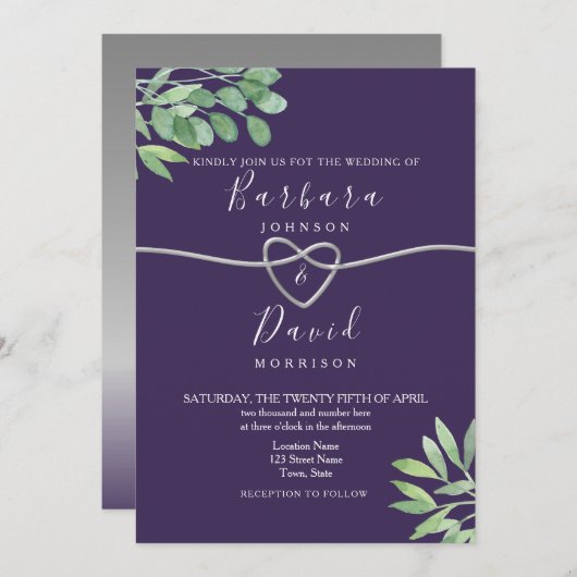 Invitation Mariage botanique violet (Devant / Derrière)