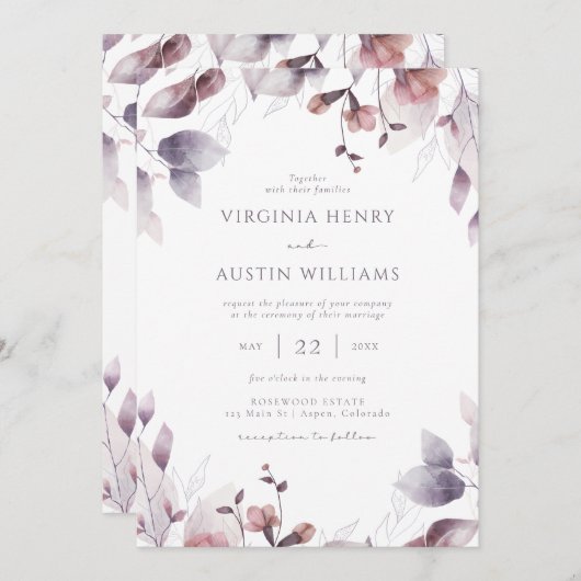 Invitation Mariage botanique violet (Devant / Derrière)