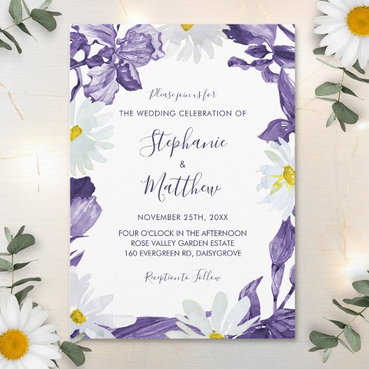 Invitation Mariage botanique violet Iris Daisy