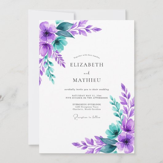 Invitation Mariage Botanique Violet Turquoise Béni (Devant)