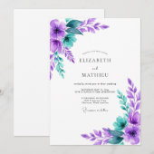 Invitation Mariage Botanique Violet Turquoise Béni (Devant / Derrière)