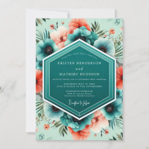 Invitation Mariage Botanique Vivant Corail Sarcelle