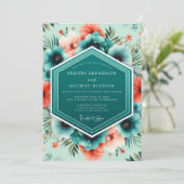 Invitation Mariage Botanique Vivant Corail Sarcelle (Debout devant)