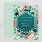 Invitation Mariage Botanique Vivant Corail Sarcelle (Devant / Derrière)