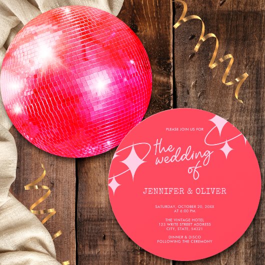 Invitation Mariage boule disco orange rose rétro