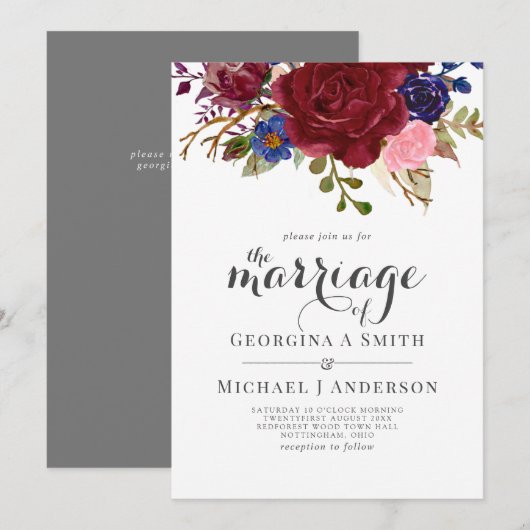 Invitation Mariage Bouquet Bourgogne bleu rose (Devant / Derrière)