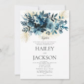 Invitation Mariage bouquet floral à l'aquarelle indigo or  (Devant)