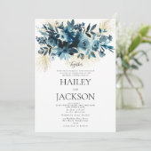 Invitation Mariage bouquet floral à l'aquarelle indigo or  (Debout devant)