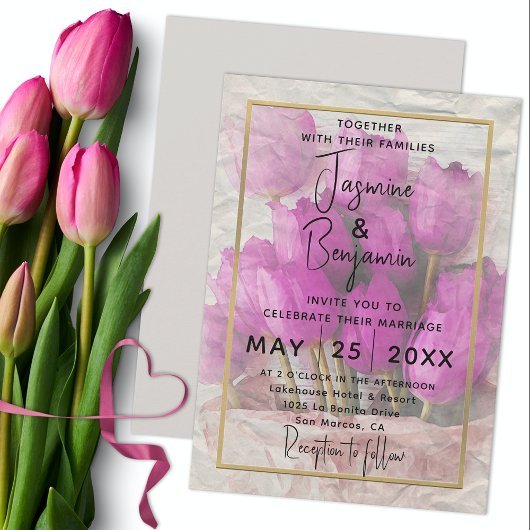 Invitation Mariage Bouquet Tulipes Roses Aquarelles