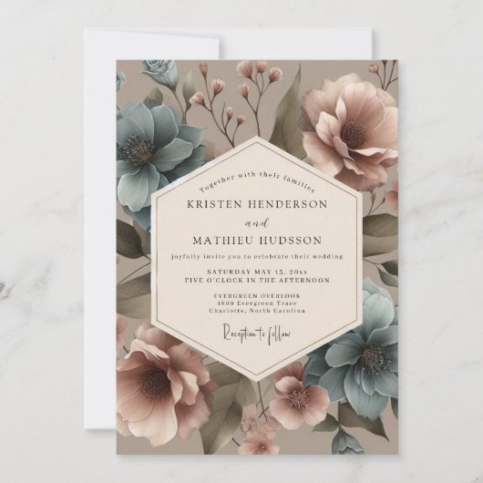 Invitation Mariage Bouquet Vintage Bleu Poussiéreux (Devant)