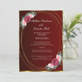 Invitation Mariage Bourgogne or rose rouge Fleurs Classique (Debout devant)