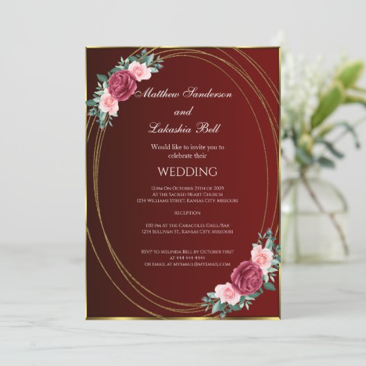 Invitation Mariage Bourgogne or rose rouge Fleurs Classique (Debout devant)