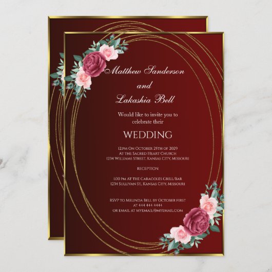 Invitation Mariage Bourgogne or rose rouge Fleurs Classique (Devant / Derrière)
