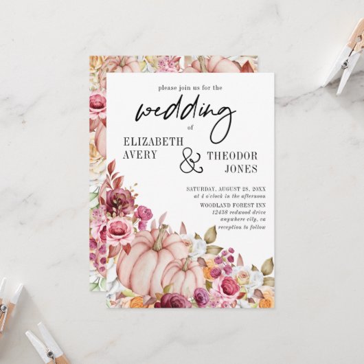 Invitation Mariage Bourgogne rose Citrouille d'automne Floral (Devant/Arrière en situation)