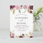 Invitation Mariage Bourgogne rose moderne élégant floral (Debout devant)