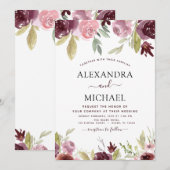 Invitation Mariage Bourgogne rose moderne élégant floral (Devant / Derrière)