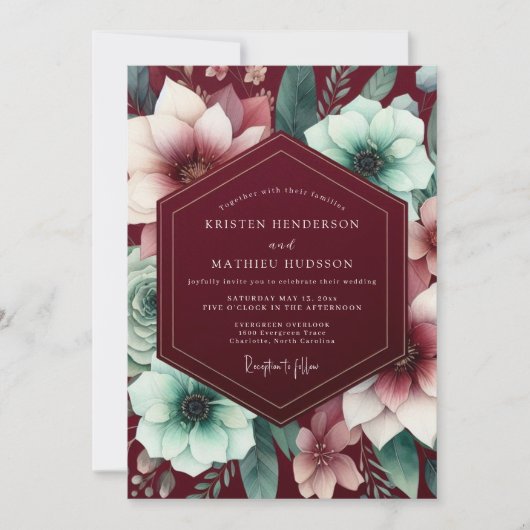 Invitation Mariage Bourguignon à Fleurs Dorées (Devant)
