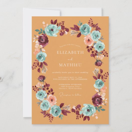 Invitation Mariage Bourguignon sarcelle floraison éthérée (Devant)