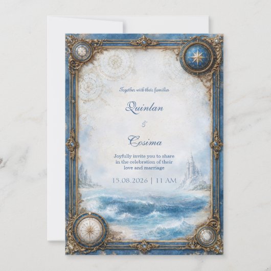 Invitation Mariage Boussole Côtière Bleue (Devant)