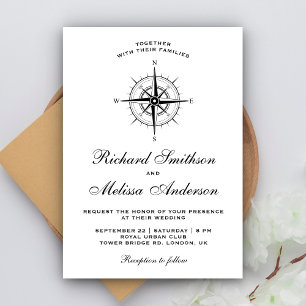Invitation Mariage Boussole Naútíque Noir et Blanc Moderne